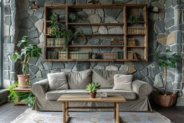 Wall Mural - Room with grey stone walls wooden decor bookshelf sofa plant vase table and carpet as home decoration