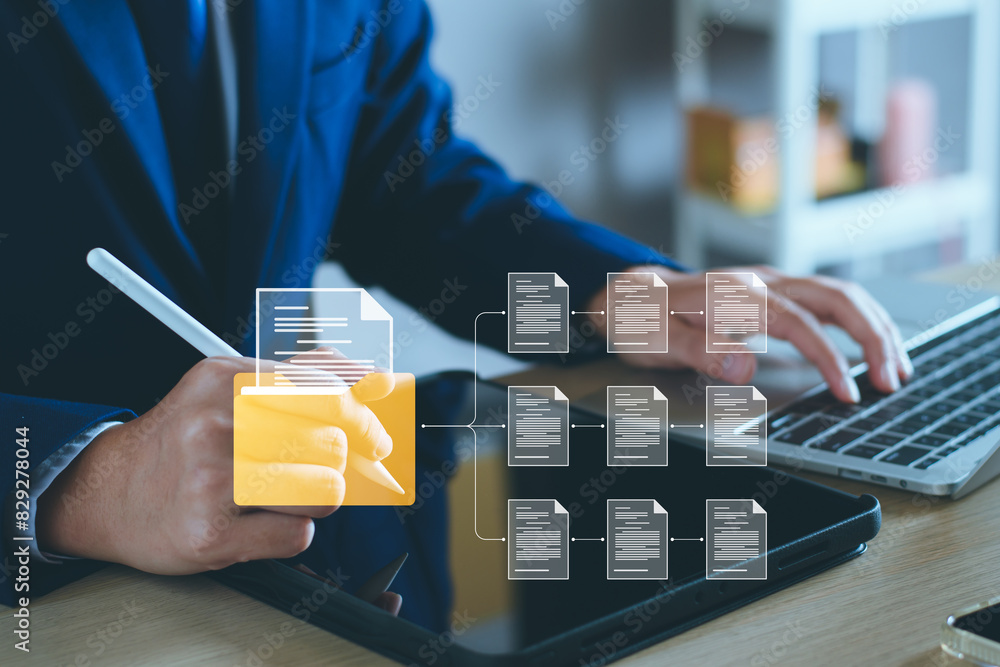 Document management system concept. Businessman manage digital business ...