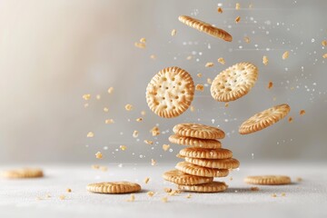 Wall Mural - Round crackers falling on grey surface delicious and dry