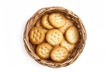 Wall Mural - Round crackers or cookies in a basket viewed from above on a white background
