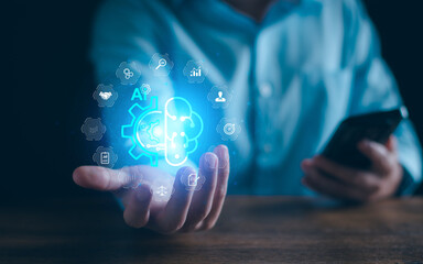 Wall Mural - ai chat bot technology concept, business man using technology smart robot ai intelligence, command p