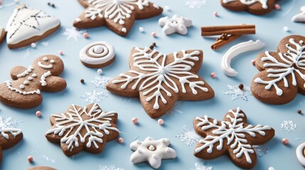 Sticker - Preparing Festive Christmas Cookies Gingerbread Cookies on Pastel Blue Background