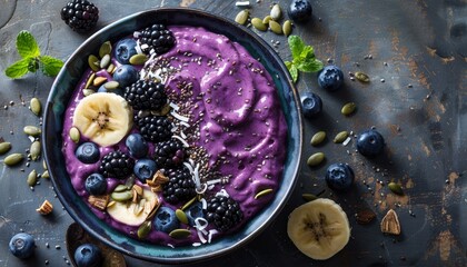 Poster - Smoothie bowl with purple hue blackberries blueberries banana sunflower seeds pumpkin seeds chia seeds and coconut