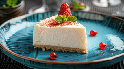 Wall Mural - Cheesecake served on a blue platter