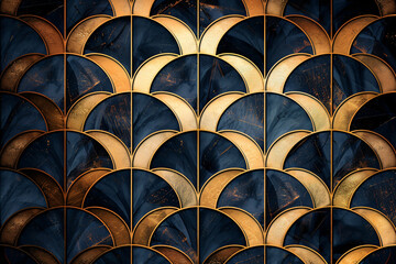 A gold and blue patterned wall with a gold border