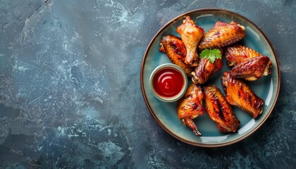 Wall Mural - Spicy grilled chicken wings with ketchup on a dark blue surface Top view with space for text