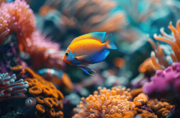 Wall Mural - a fish swim in coral reef aquarium with corals and colorful rocks. Orange, blue, and purple colors