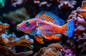 Wall Mural - a fish swim in coral reef aquarium with corals and colorful rocks. Orange, blue, and purple colors