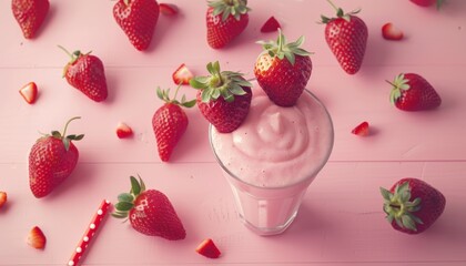 Sticker - Strawberry milkshake smoothie and fresh strawberries on pink white and wooden surface Health conscious concept