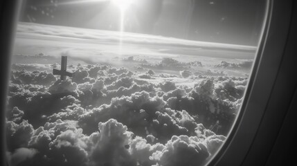 Wall Mural - Clouds outside the airplane window, vaguely seeing the cross, religious culture, faith, hope, 4k high-definition wallpaper, background, generated by AI.Sacred Cross in the Clouds - Spiritual Landscape