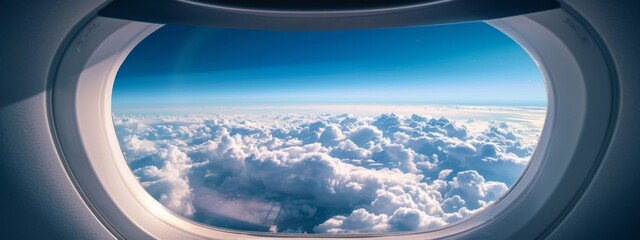 Wall Mural - Clouds outside the airplane window, vaguely seeing the cross, religious culture, faith, hope, 4k high-definition wallpaper, background, generated by AI.Sacred Cross in the Clouds - Spiritual Landscape