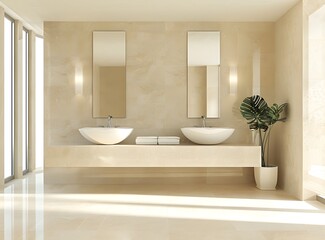 Modern beige bathroom interior with double sink and mirrors