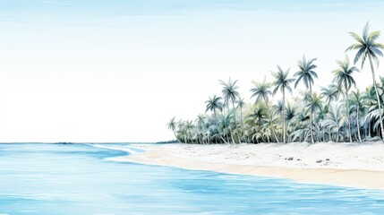 Wall Mural - A line of palm trees framing white sand, against the background of a sparkling ocean illustrations 