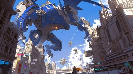 Robot Dragon Invade City Illustration