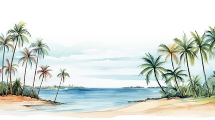 A line of palm trees framing white sand, against the background of a sparkling ocean illustrations 
