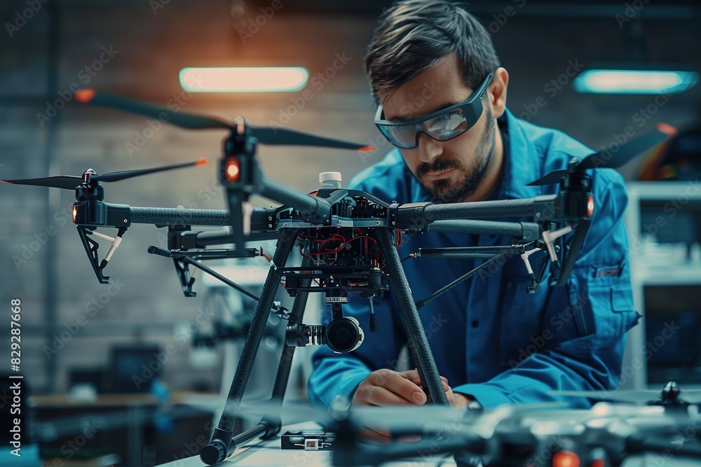 Engineer testing a military grade drone in laboratory. Demonstrating ...