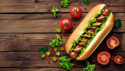 Wall Mural - Top view of a hot dog on a wooden background with pickles tomato and lettuce