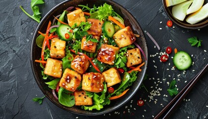 Poster - Top view of a salad bowl with vegan Chinese and Japanese vegetables and fried tofu