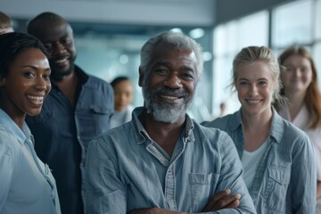 Wall Mural - Portrait of a smiling senior businessman with his team in the background