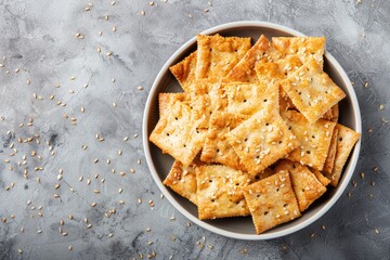 Wall Mural - Top view of delicious crackers with sesame and flax seeds on grey stone background