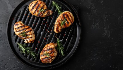 Canvas Print - Top view of grilled chicken breasts on black background with copy space barbeque backdrop