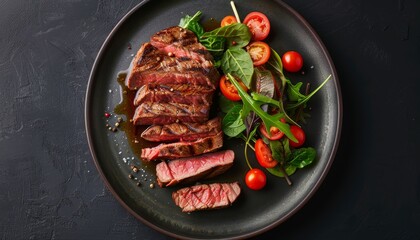 Poster - Top view of plate with grilled sirloin steak and vegetable salad on a dark background