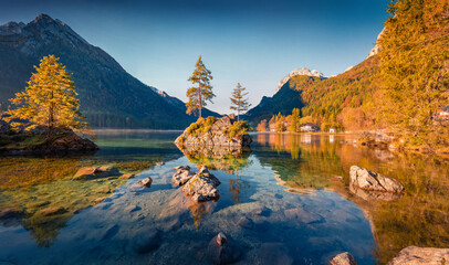 Poster - Rotpalfen peak reflected in the calm waters of Hintersee lake. Majestic autumn view of Bavarian Alps, Germany, Europe. Beauty of nature concept background.