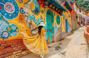 Wall Mural - A woman in a yellow dress and white hat dancing with her back to the camera, walking along colorful walls covered in vibrant murals of traditional patterns