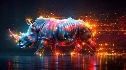 A rhinoceros is walking through a field of glowing lights. The rhino is surrounded by a colorful, sparkling effect that makes it look like it's walking through a magical, otherworldly landscape.
