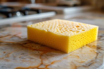 Using sponge to clean the kitchen