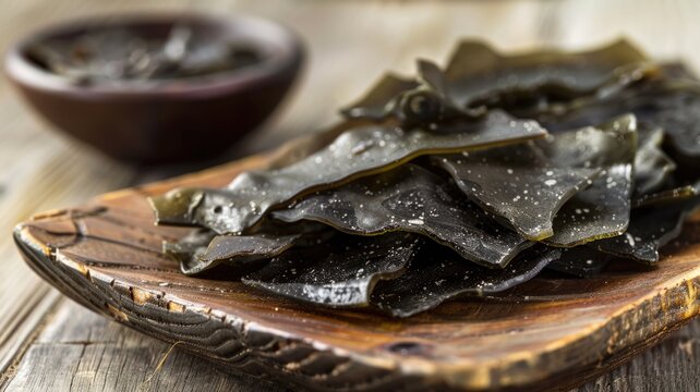 Healthy dried kelp snacks presented on a wooden platter, emphasizing their crunchy texture
