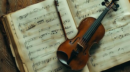 A violin is sitting on top of sheet music