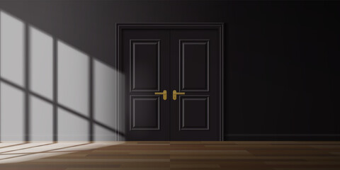 Wall Mural - empty dark room  interior design with double door window light effect and black wall vector illustration