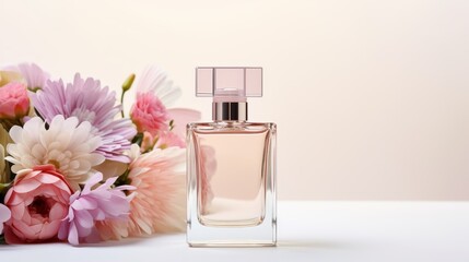 Wall Mural - Women's perfume bottle mockup on light background with different flowers for cosmetic branding