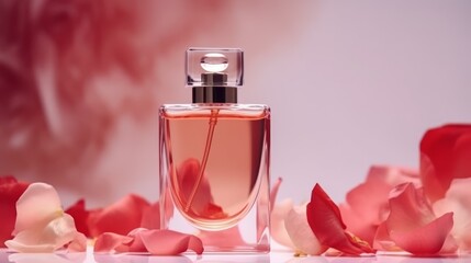 Wall Mural - Women's perfume bottle mockup on light background with different flowers for cosmetic branding