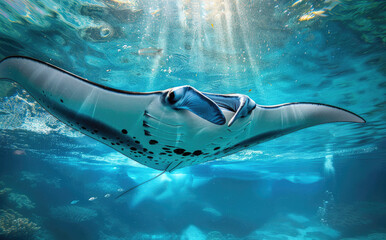 Wall Mural - A closeup shot of the entire body and head of an ancient manta ray swimming in clear blue water, capturing its graceful movements underwater.