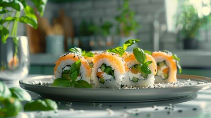 Wall Mural - Elegant sushi rolls adorned with basil on a modern plate 