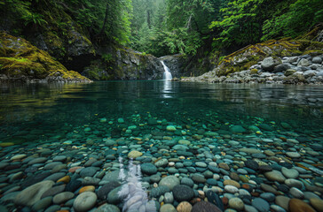 Wall Mural - A serene river in the Pacific Northwest wilderness, surrounded by lush greenery and rocky banks, with pebbles scattered on its bottom