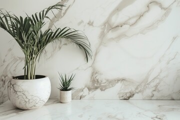 Wall Mural - White marble table with minimalistic style house plant and copy space for display