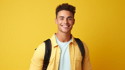 Smiling young man in a yellow jacket with a backpack, standing against a bright yellow background, symbolizing optimism and adventure