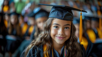 Wall Mural - Young girl in blue graduation cap and gown, sitting in a classroom surrounded by classmates, smiling confidently, symbolizing achievement and academic success