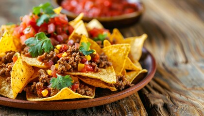 Wall Mural - Yellow corn nachos and cooked ground beef on plate with red salsa in background on wooden table
