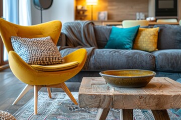 Sticker - Wooden coffee table yellow chair grey couch and pillows in chic living room