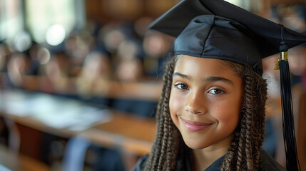Young girl in blue graduation cap and gown, sitting in a classroom surrounded by classmates, smiling confidently, symbolizing achievement and academic success
