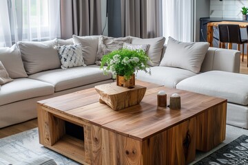 Poster - Wooden coffee tables in modern living room with sectional sofa