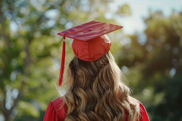 Wall Mural - Back view of young woman in red graduation cap and gown, standing outdoors with lush green trees in the background, symbolizing achievement and new beginnings