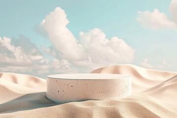 Poster - scene with a podium in the center to display cosmetic products, laid sand and a blue sky in the background