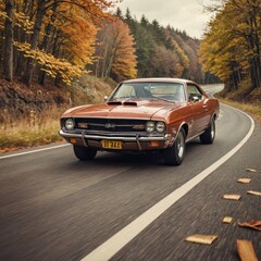 Canvas Print - Classic American Muscle Car Driving on a Winding Road in Autumn