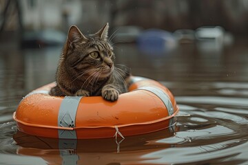 Wall Mural - a cat is sitting on a life preserver in a flooded area