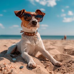 Canvas Print - a cute dog with sunglasses on the sand beach on a sunny day enjoying vacation. hot summer day at the sea ocean